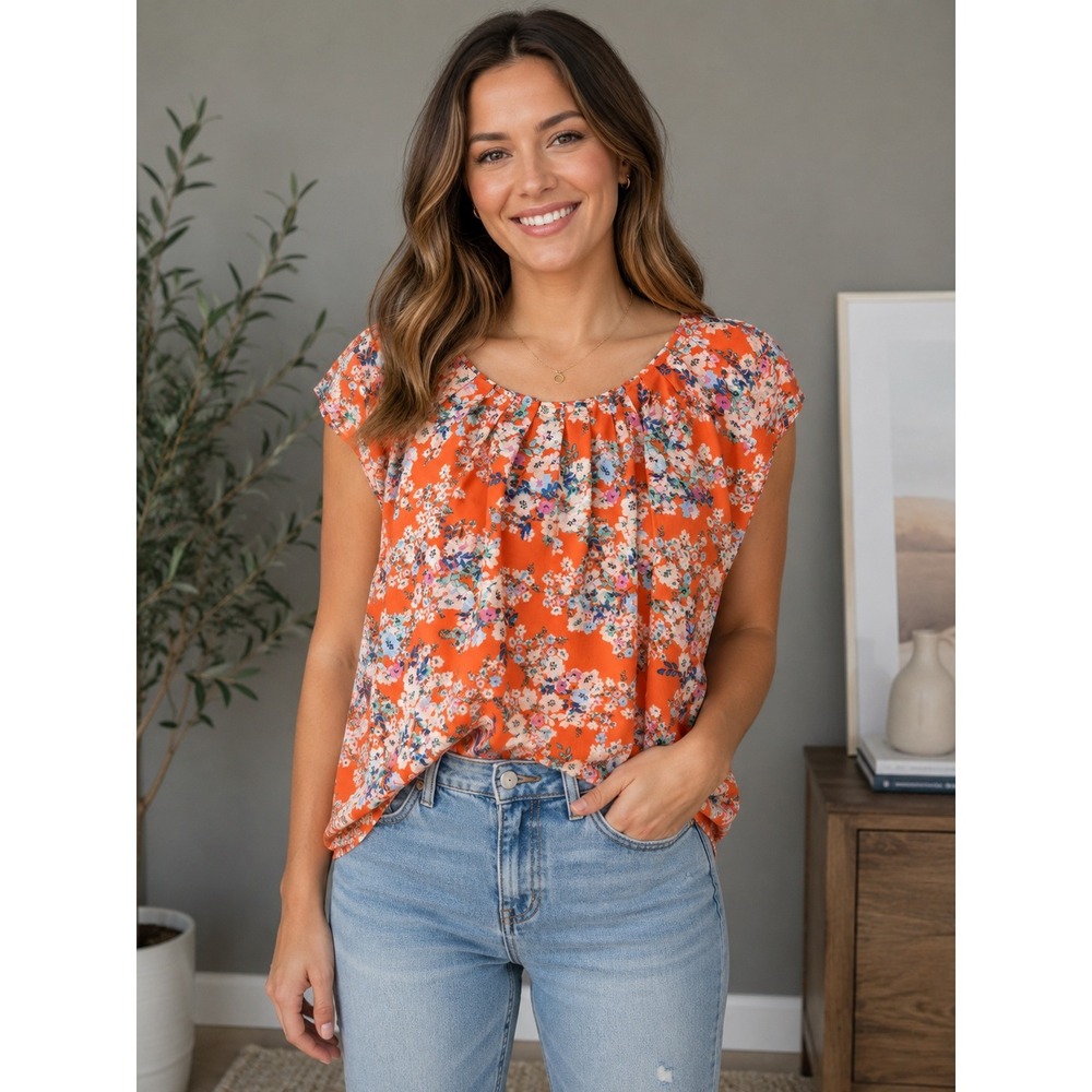 LC Lauren Conrad Orange Floral Peasant Blouse